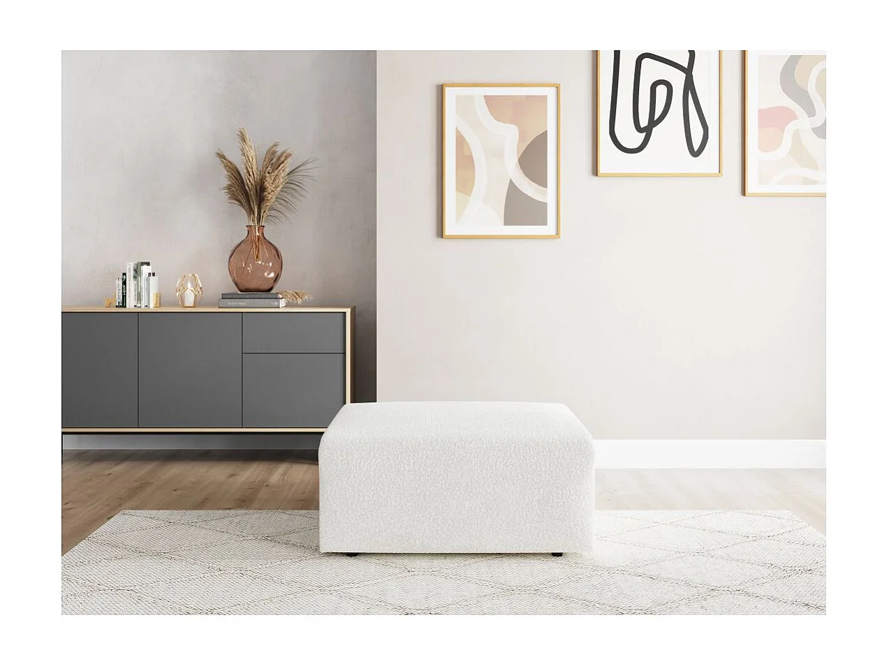 Pouf ROMANE en tissu bouclette - Blanc