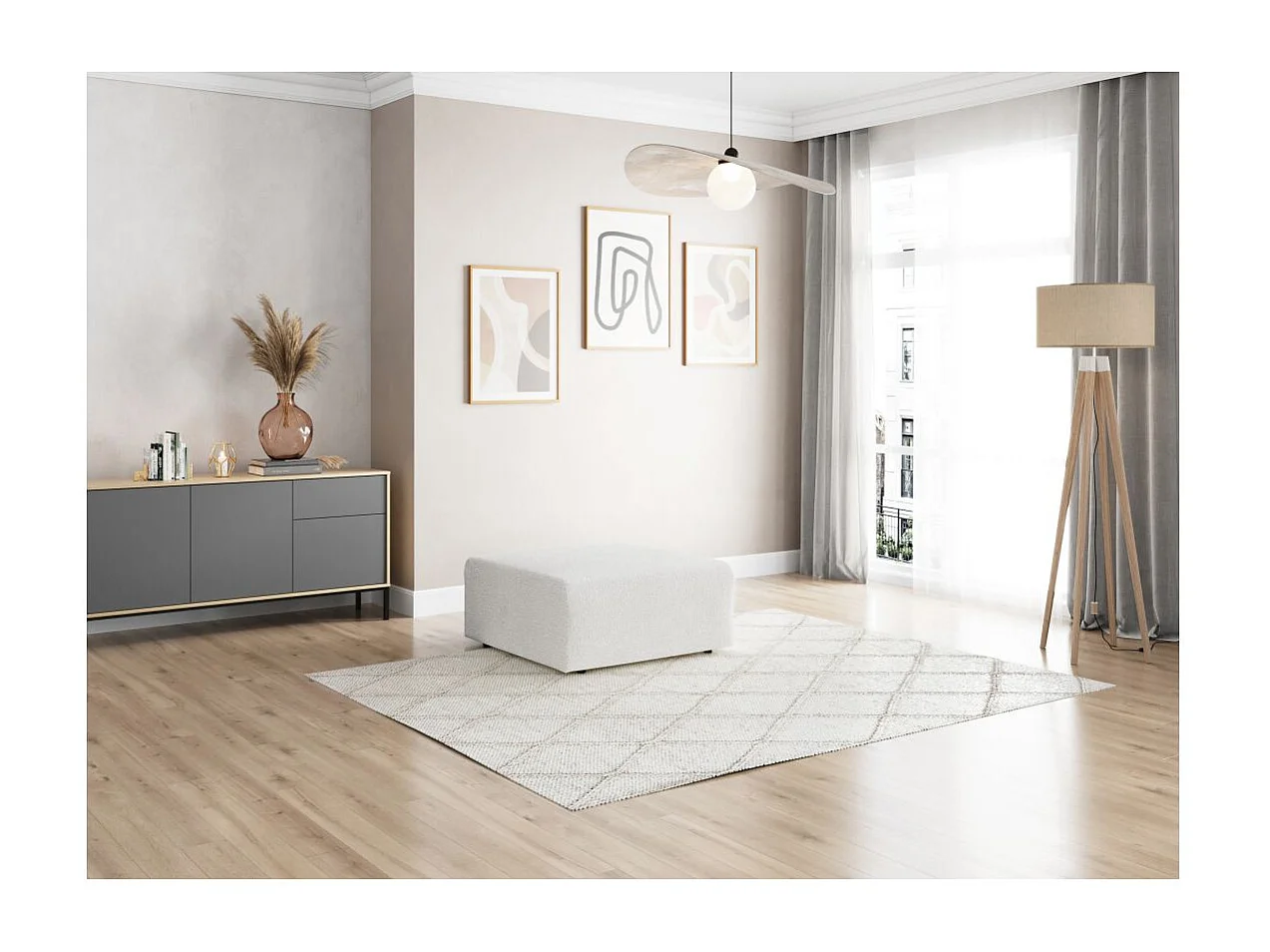 Pouf ROMANE en tissu bouclette - Blanc