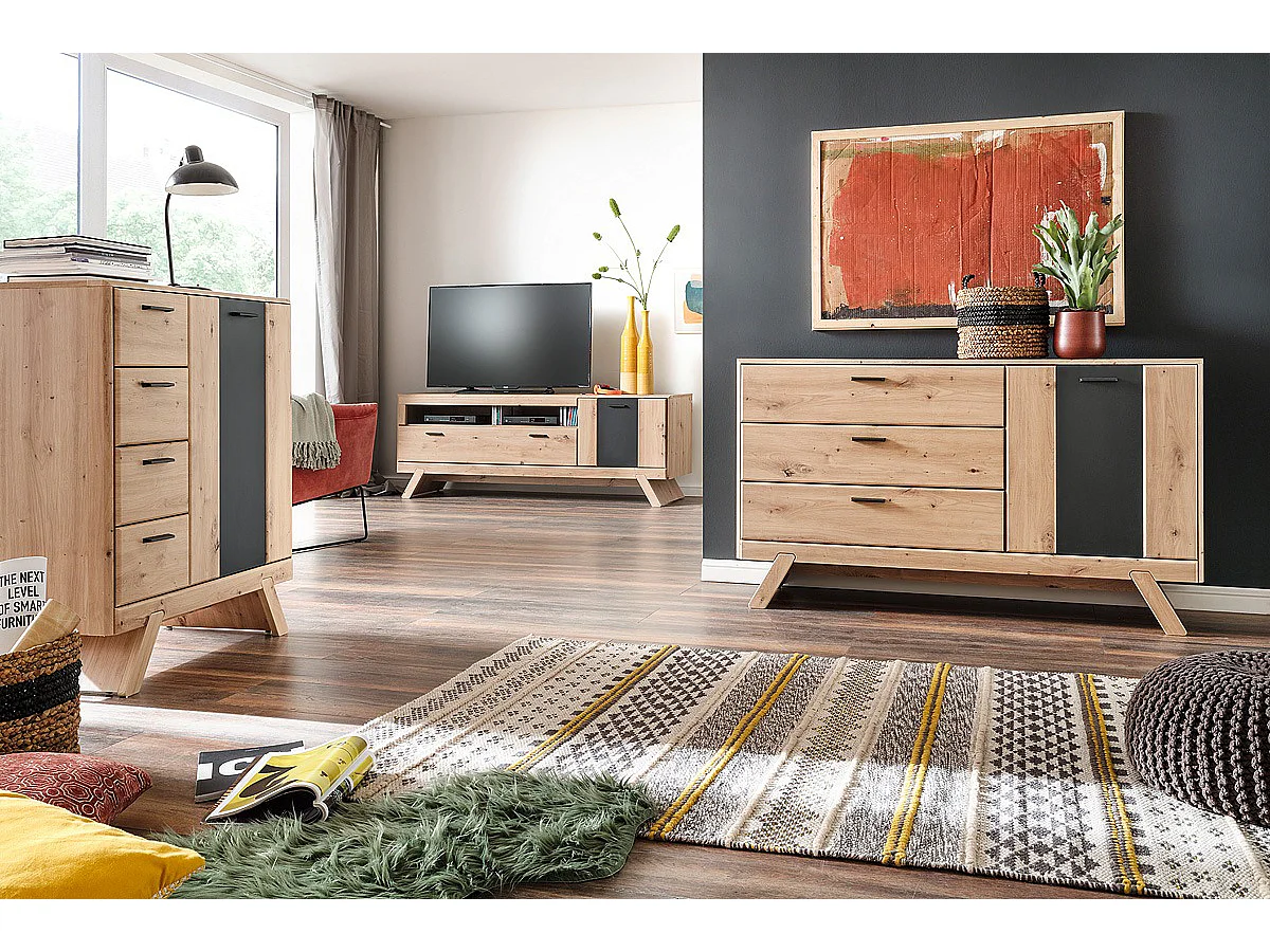 Meuble TV coloris chêne - Longueur 179 x Hauteur 65 x Profondeur 51 cm