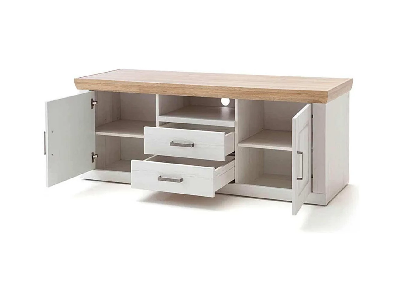 Meuble TV en pin blanc et chêne - L.158 x H.63 x P.52 cm