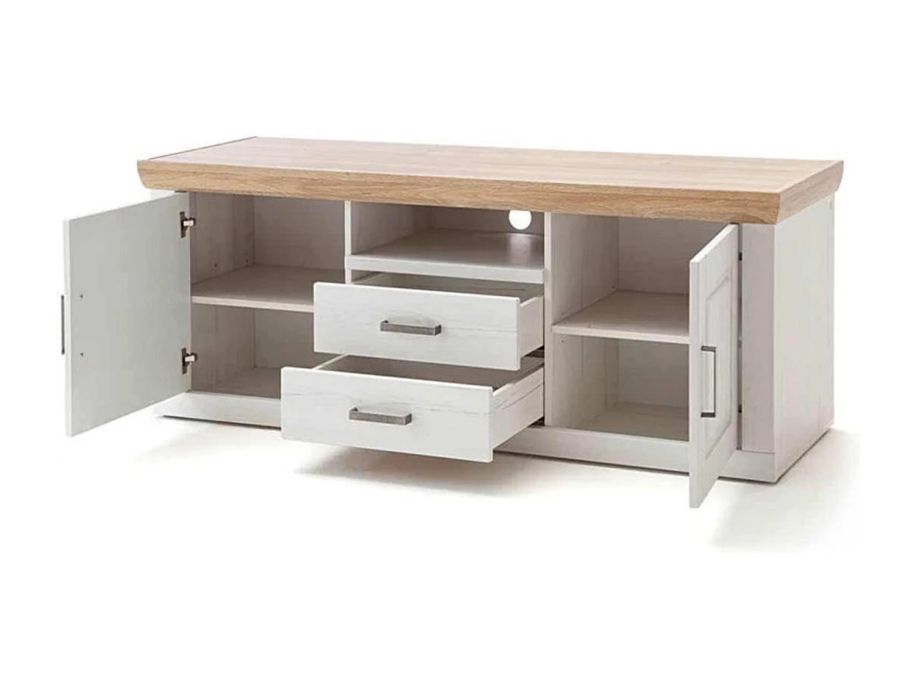 Meuble TV en pin blanc et chêne - L.158 x H.63 x P.52 cm