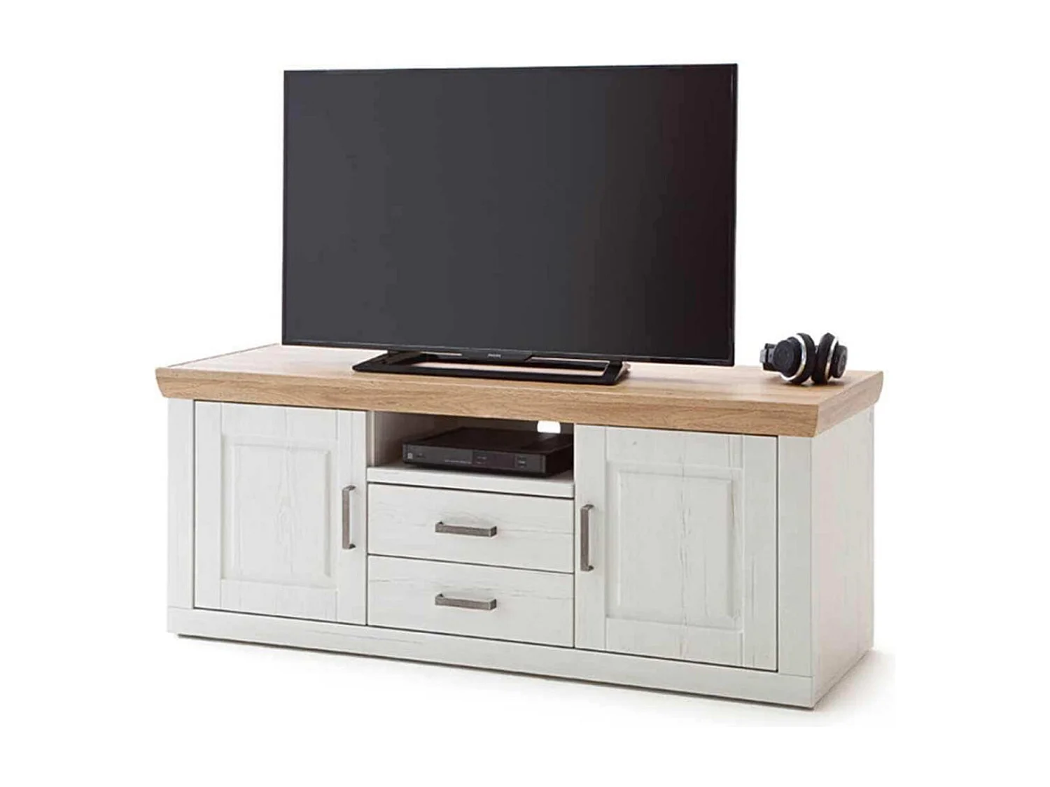 Meuble TV en pin blanc et chêne - L.158 x H.63 x P.52 cm