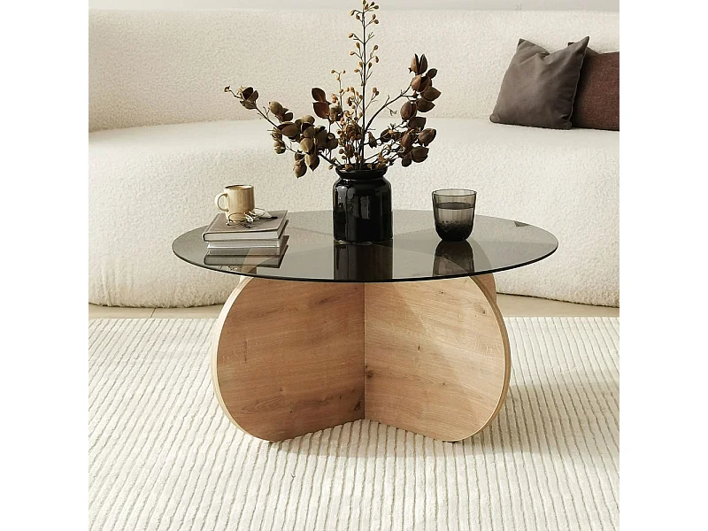 Bully - Table basse ronde en verre trempé et bois ø75cm - Bois clair