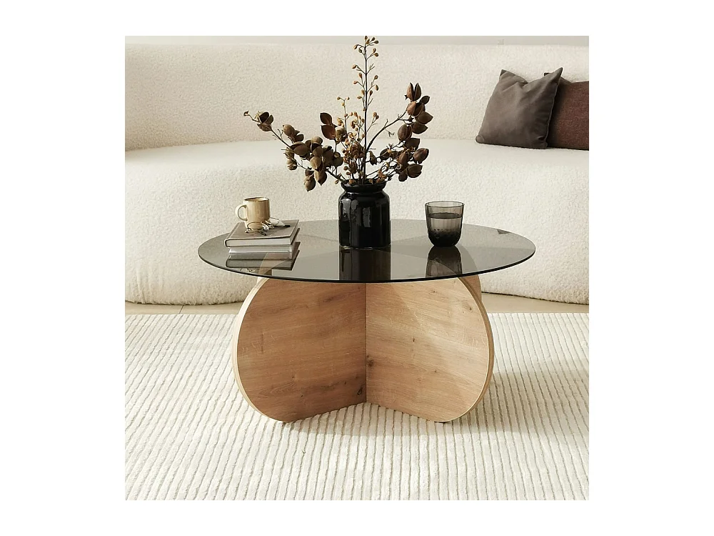 Bully - Table basse ronde en verre trempé et bois ø75cm - Bois clair