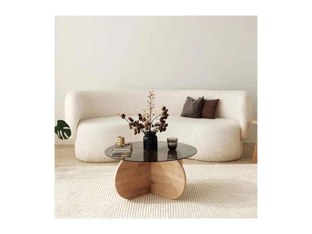 Bully - Table basse ronde en verre trempé et bois ø75cm - Bois clair