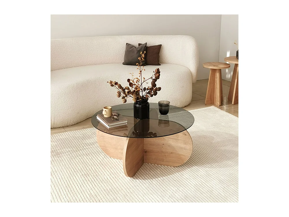 Bully - Table basse ronde en verre trempé et bois ø75cm - Bois clair