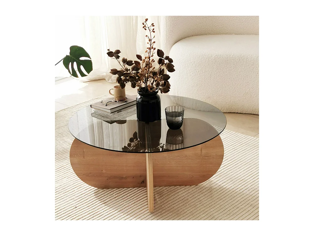 Bully - Table basse ronde en verre trempé et bois ø75cm - Bois clair