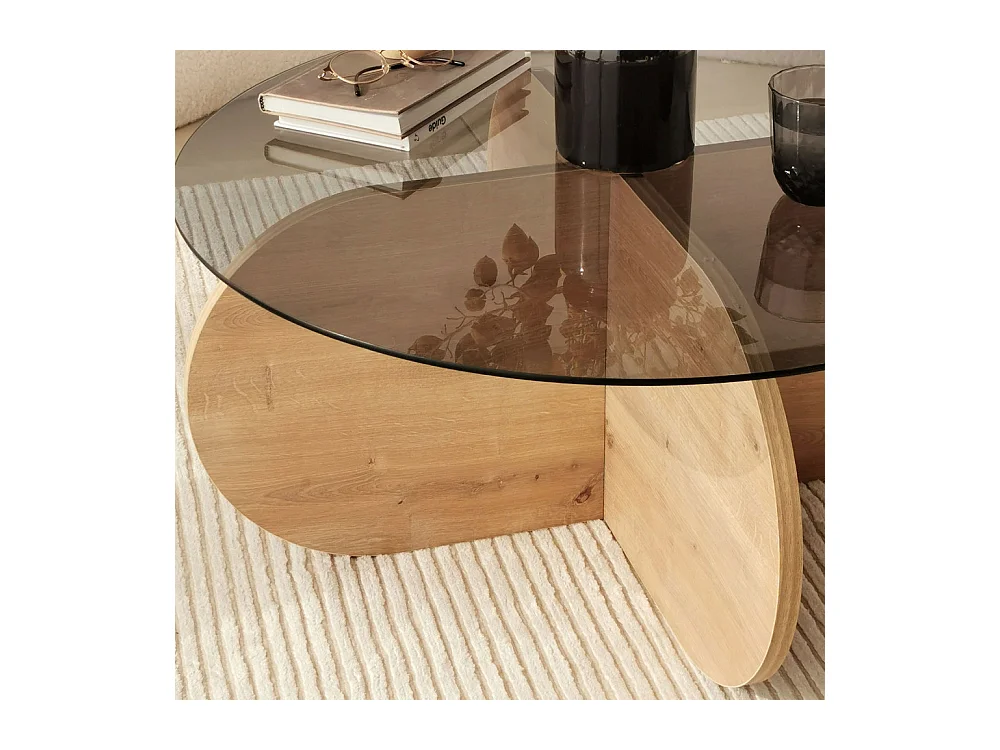 Bully - Table basse ronde en verre trempé et bois ø75cm - Bois clair