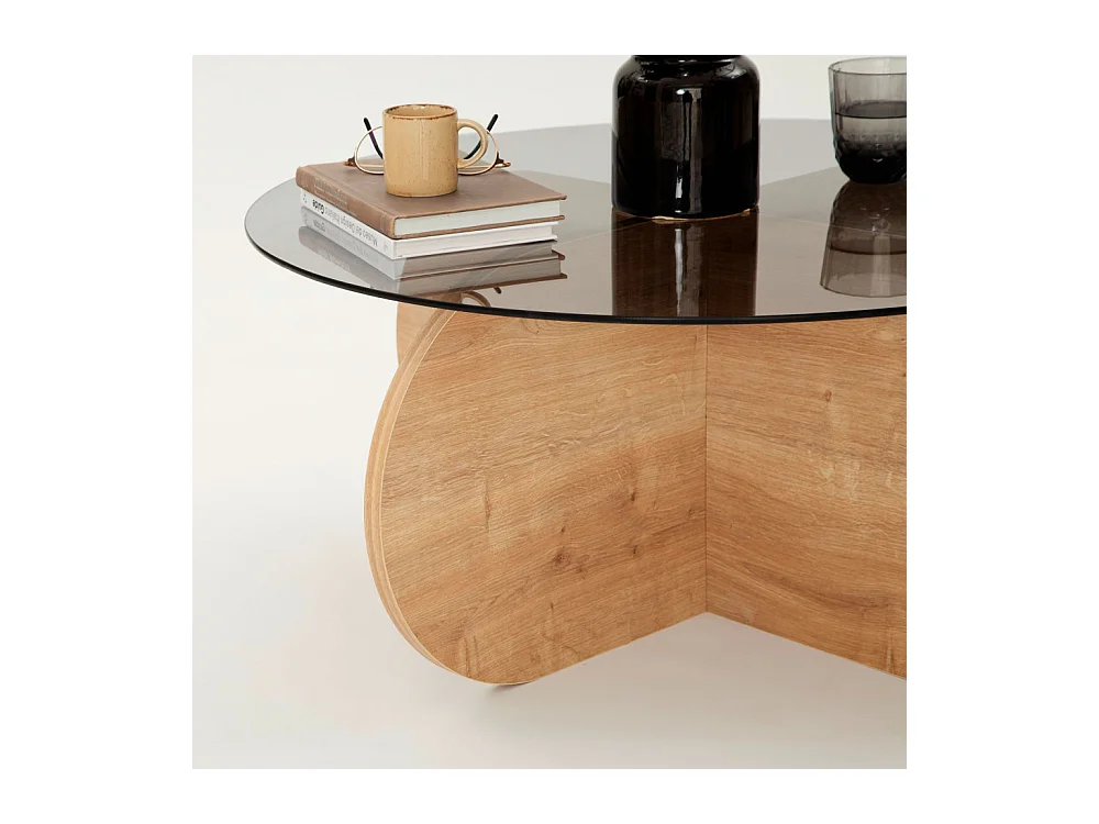 Bully - Table basse ronde en verre trempé et bois ø75cm - Bois clair