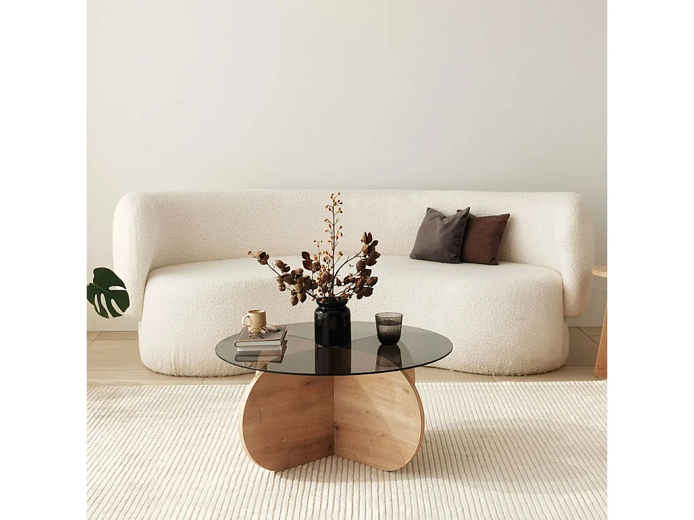 Bully - Table basse ronde en verre trempé et bois ø75cm - Bois clair