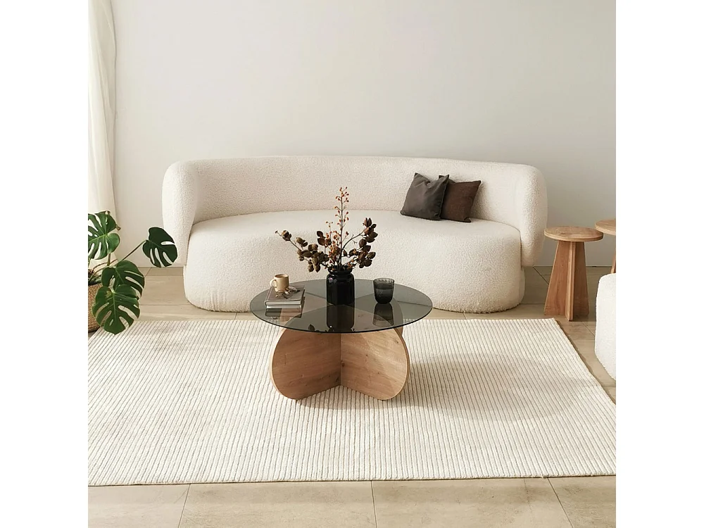 Bully - Table basse ronde en verre trempé et bois ø75cm - Bois clair