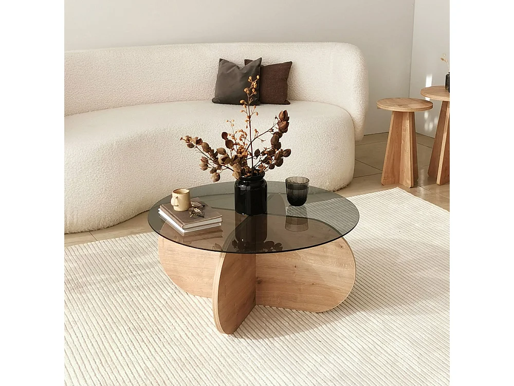 Bully - Table basse ronde en verre trempé et bois ø75cm - Bois clair