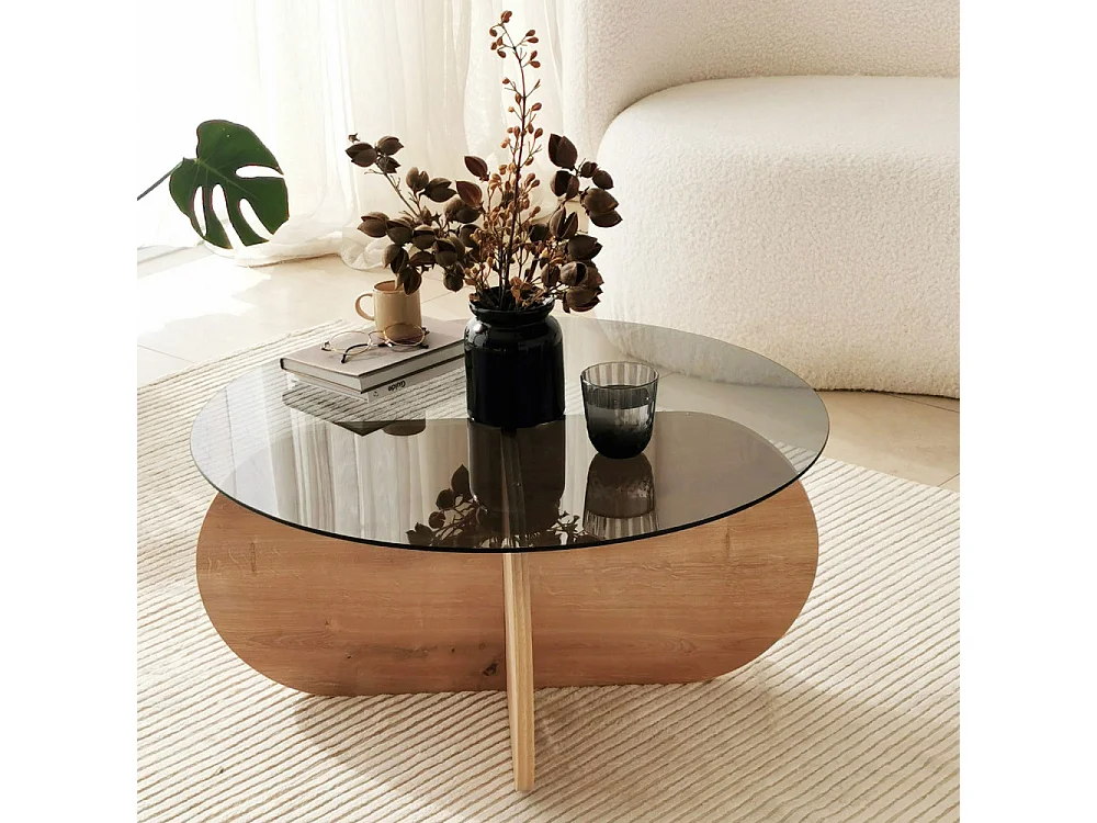 Bully - Table basse ronde en verre trempé et bois ø75cm - Bois clair