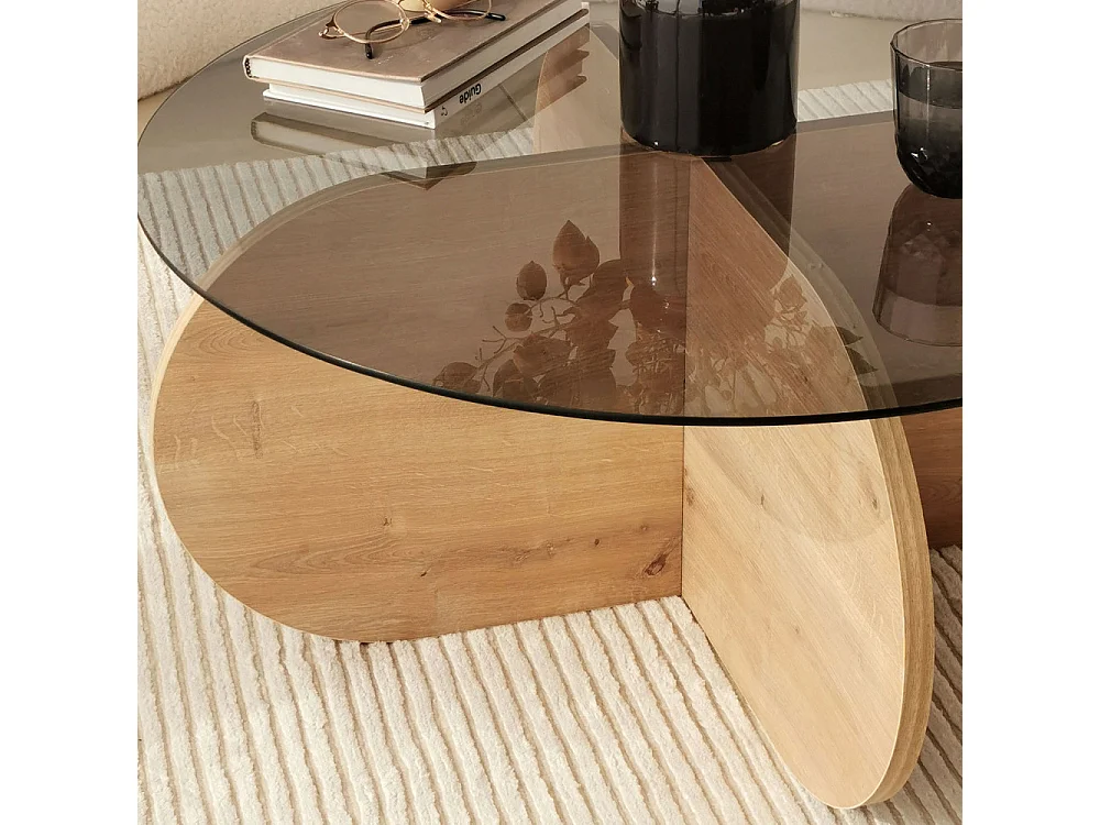 Bully - Table basse ronde en verre trempé et bois ø75cm - Bois clair