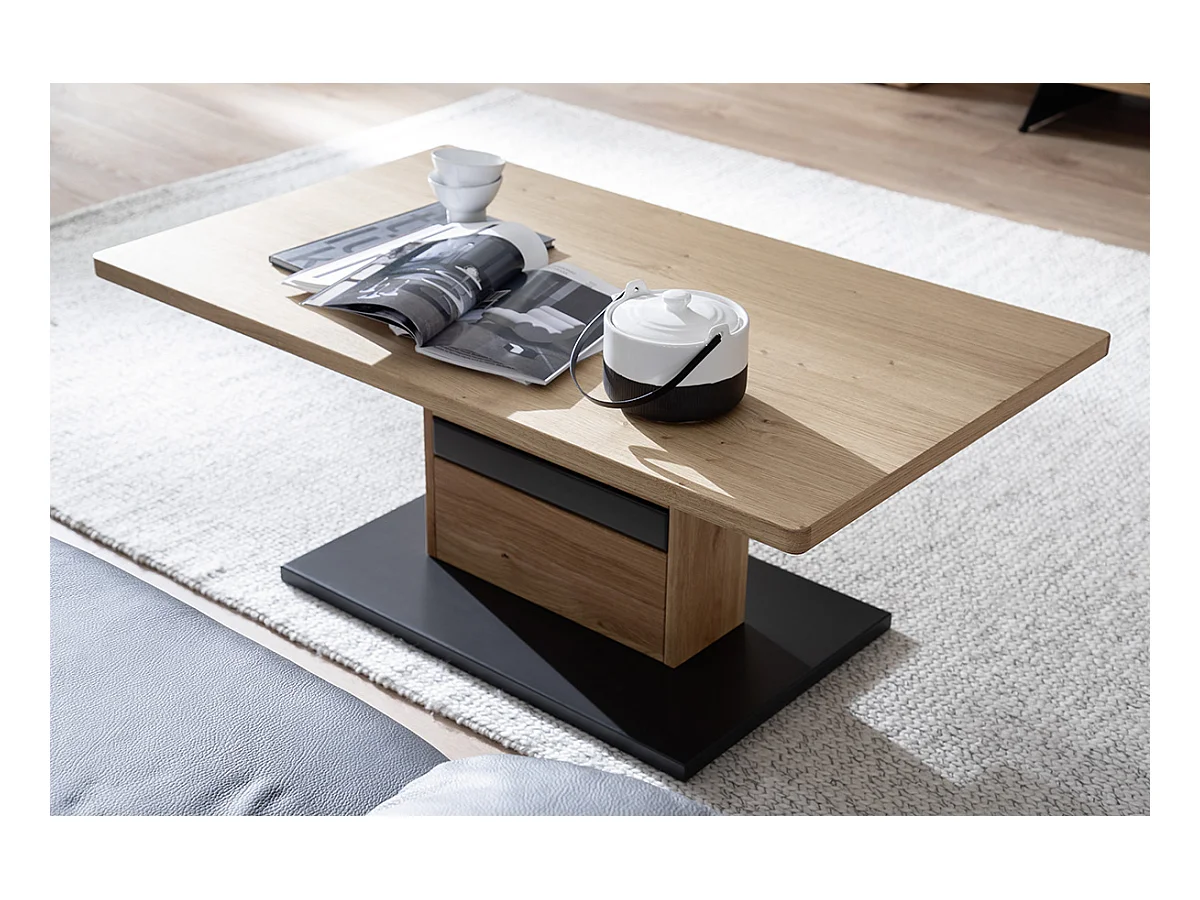 Table basse coloris chêne sauvage massif, gris noir - Longueur 110 x Hauteur 45 x Profondeur 65 cm