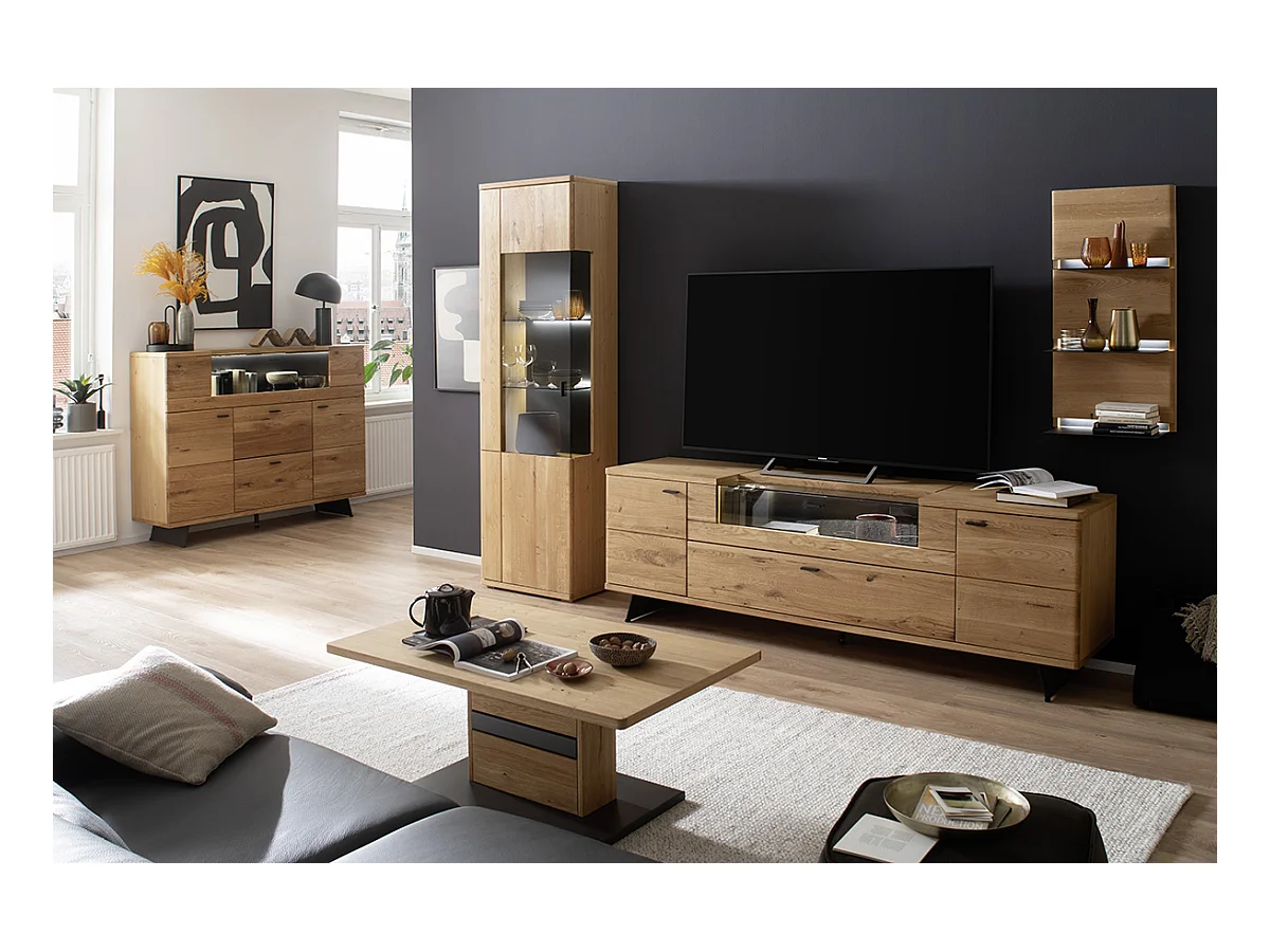 Table basse coloris chêne sauvage massif, gris noir - Longueur 110 x Hauteur 45 x Profondeur 65 cm