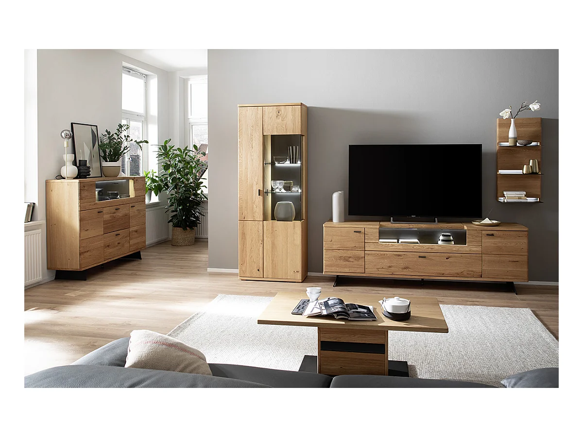 Table basse coloris chêne sauvage massif, gris noir - Longueur 110 x Hauteur 45 x Profondeur 65 cm