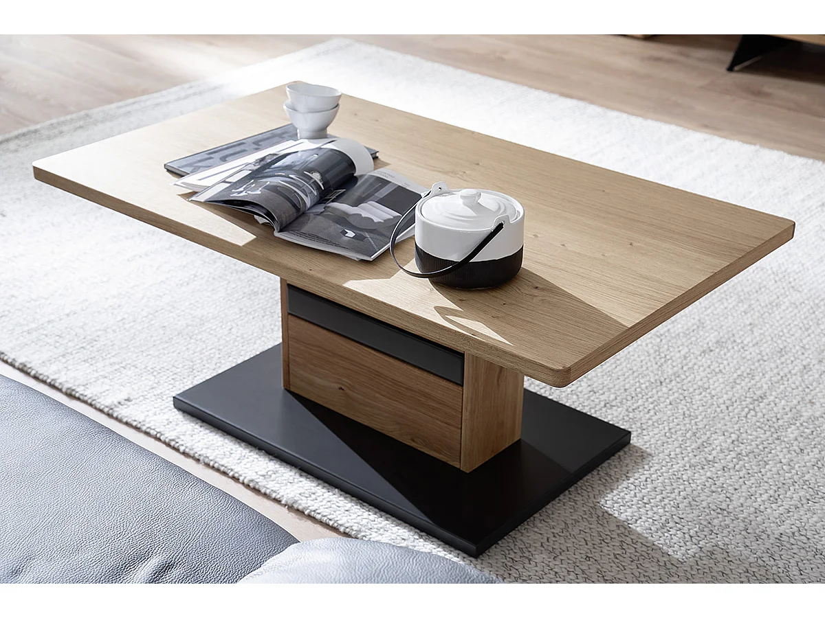 Table basse coloris chêne sauvage massif, gris noir - Longueur 110 x Hauteur 45 x Profondeur 65 cm