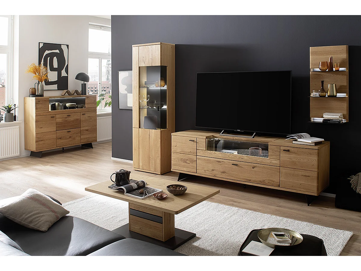 Table basse coloris chêne sauvage massif, gris noir - Longueur 110 x Hauteur 45 x Profondeur 65 cm