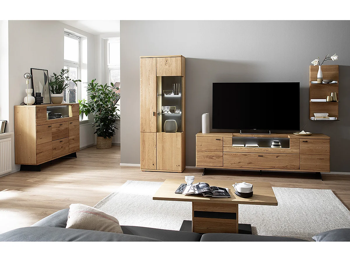 Table basse coloris chêne sauvage massif, gris noir - Longueur 110 x Hauteur 45 x Profondeur 65 cm