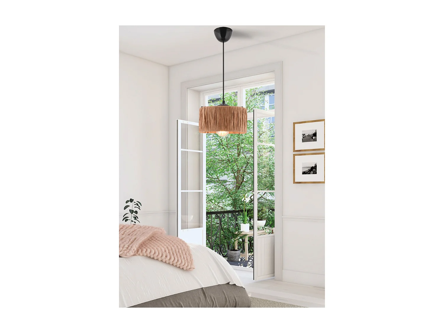 Hanglamp van beige raffia en zwart metaal - Bohemian chic design voor een gezellig interieur