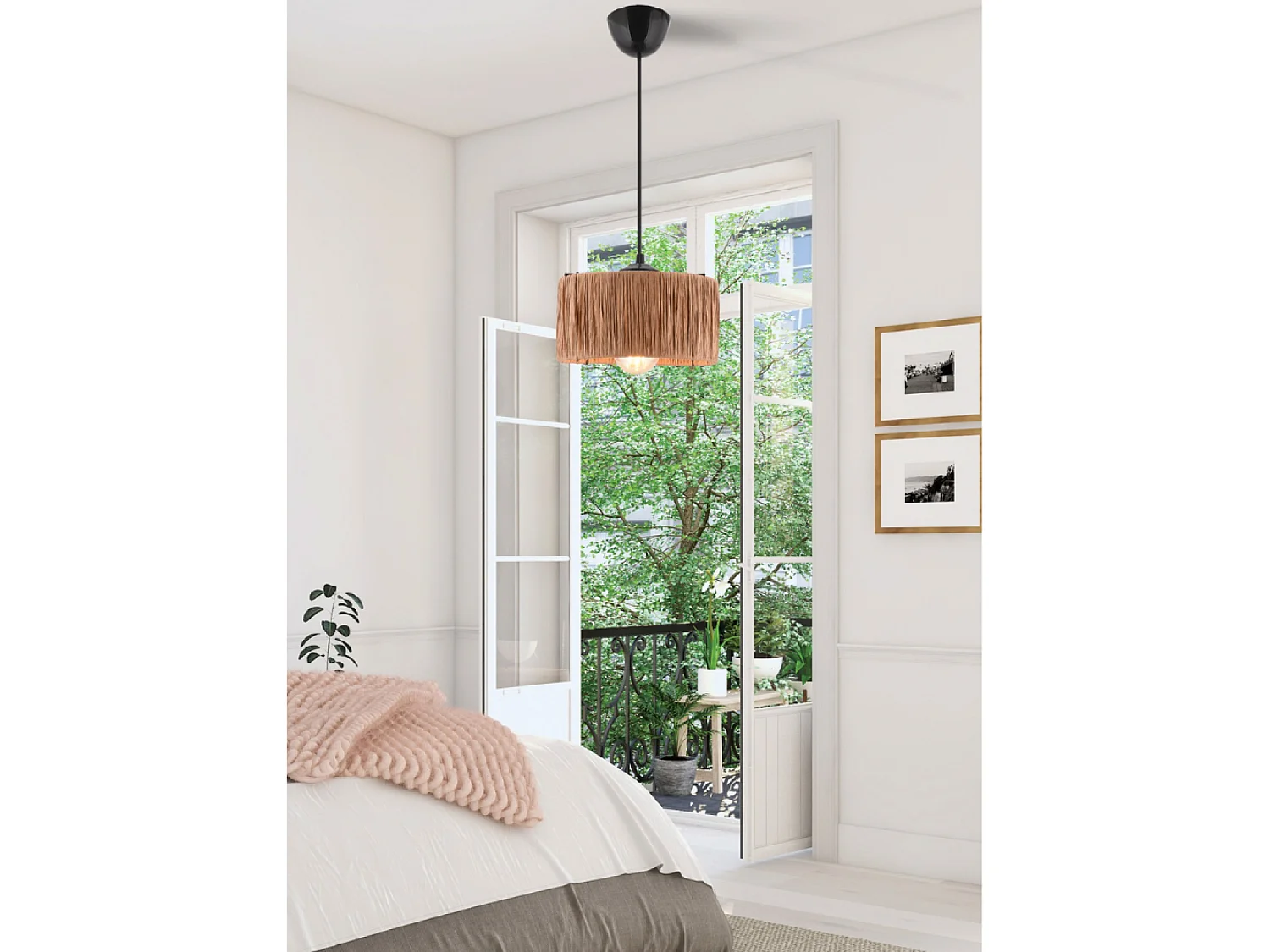 Hanglamp van beige raffia en zwart metaal - Bohemian chic design voor een gezellig interieur