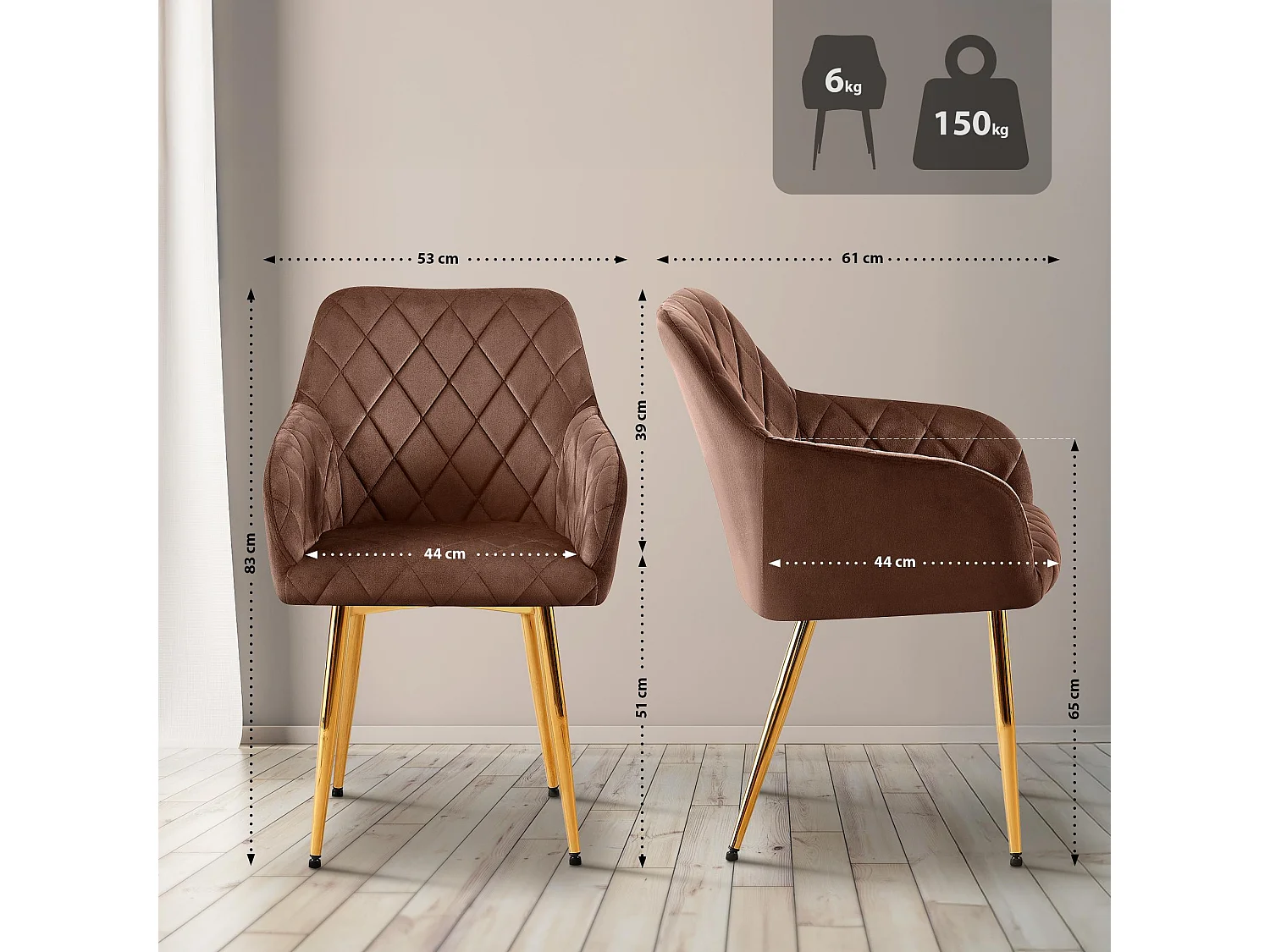 chaises avec accoudoirs - Velours - Marron - Monett