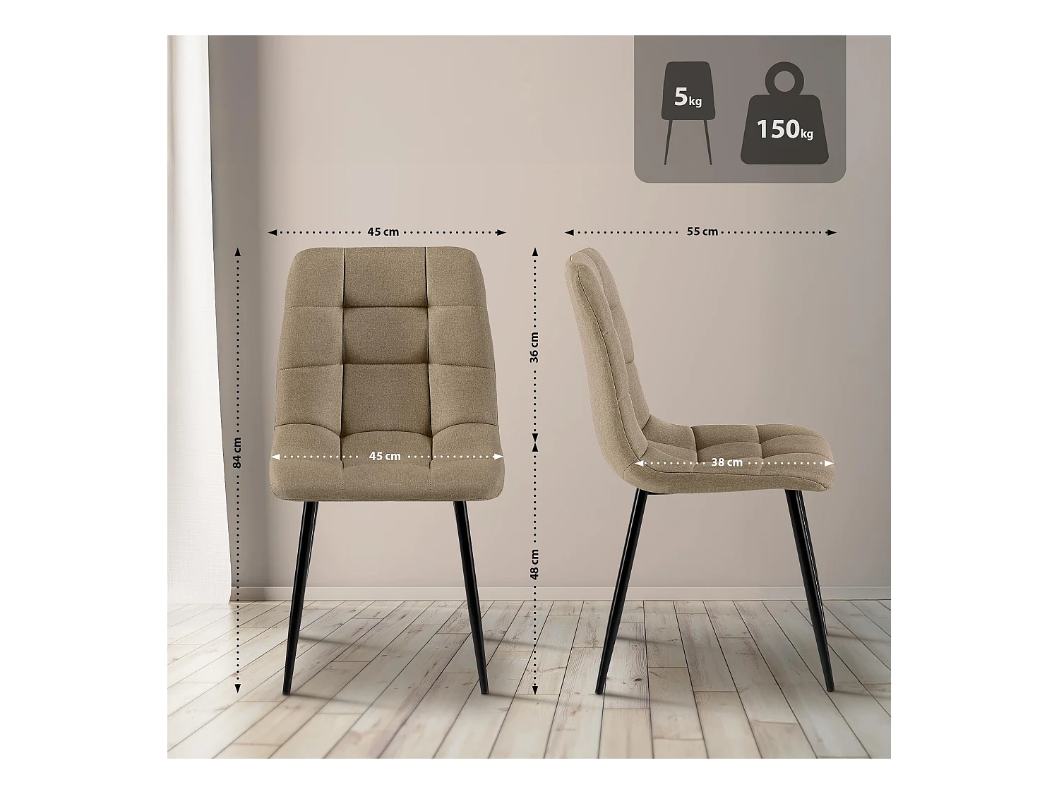 Lot de 4  chaise salle à manger - Tissu - Taupe - Antibes