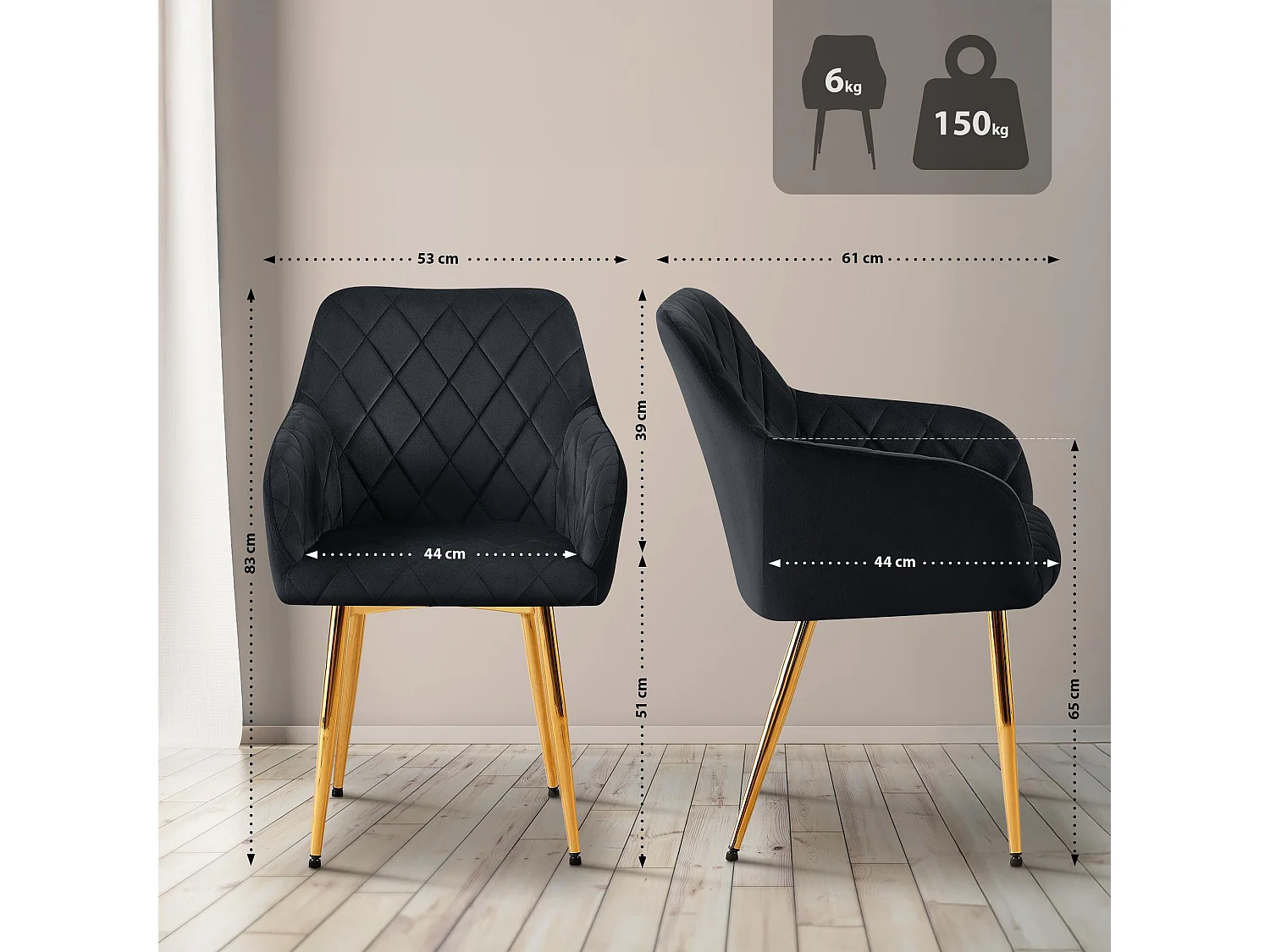 chaises avec accoudoirs - Velours - Noir - Monett