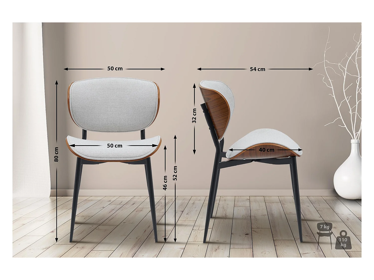 Lot de 2  chaise salle à manger - Tissu - Noyer / Crème - Enid