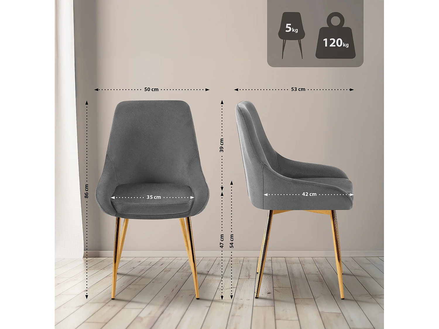 chaise salle à manger - Velours - Gris foncé - Elmira