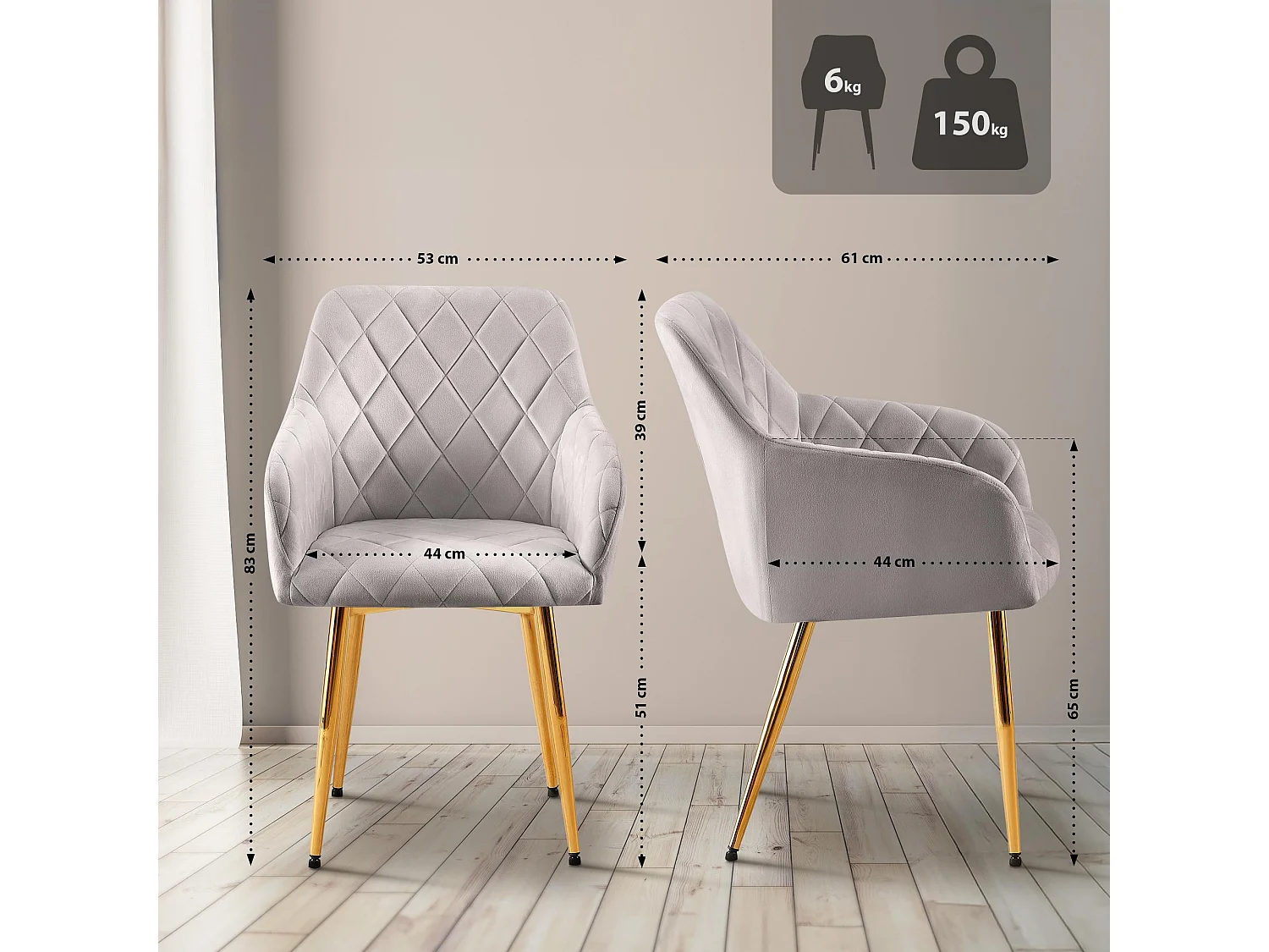 chaises avec accoudoirs - Velours - Gris - Monett
