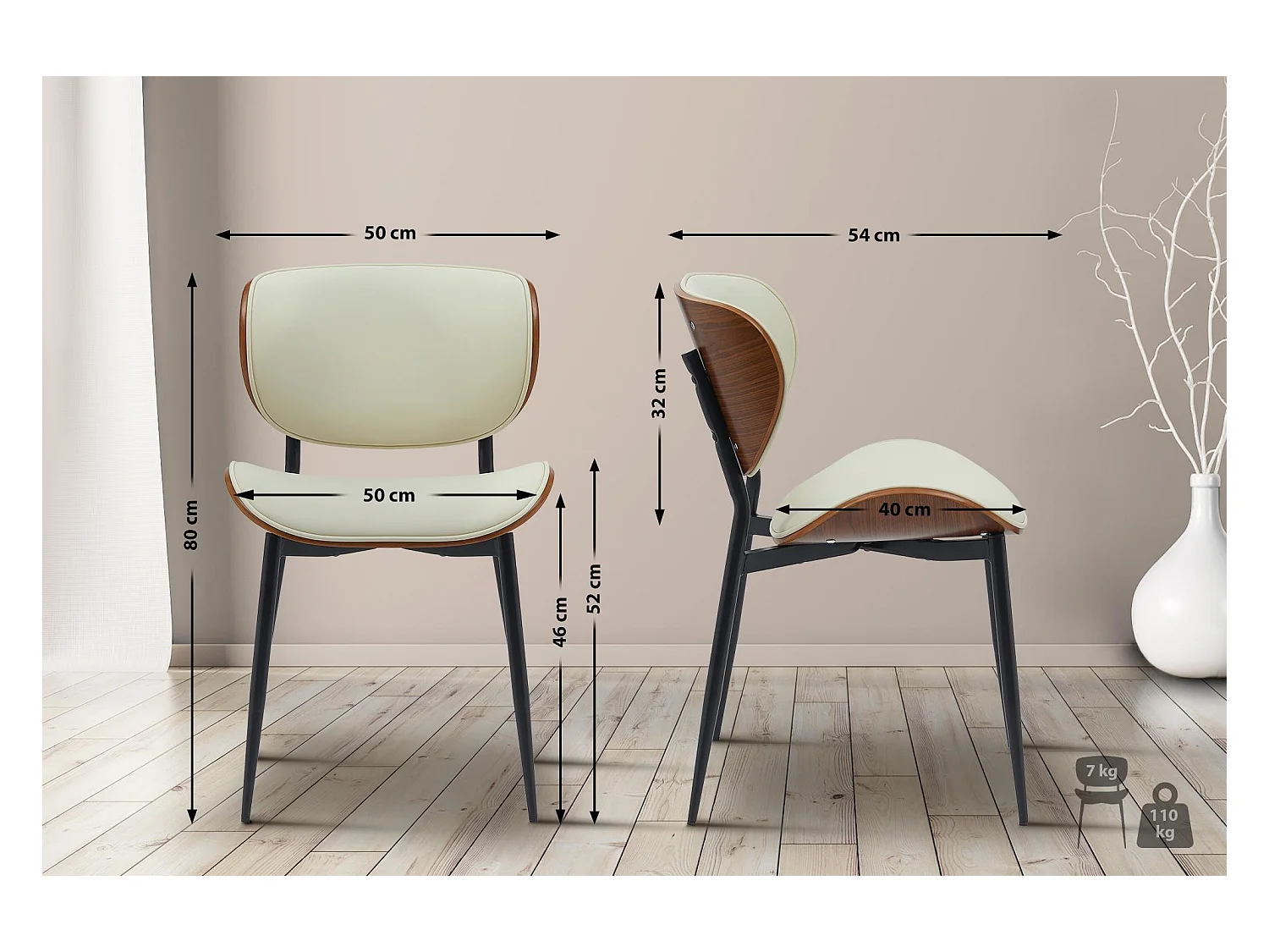 Lot de 2  chaise salle à manger - Similicuir - Noyer / Crème - Enid