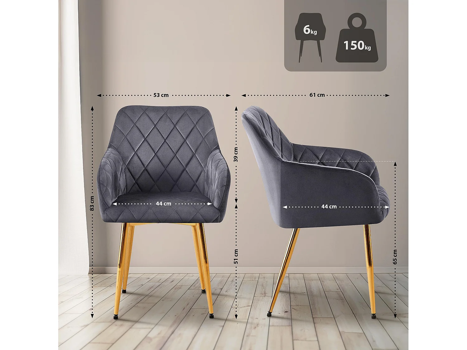 chaises avec accoudoirs - Velours - Gris foncé - Monett