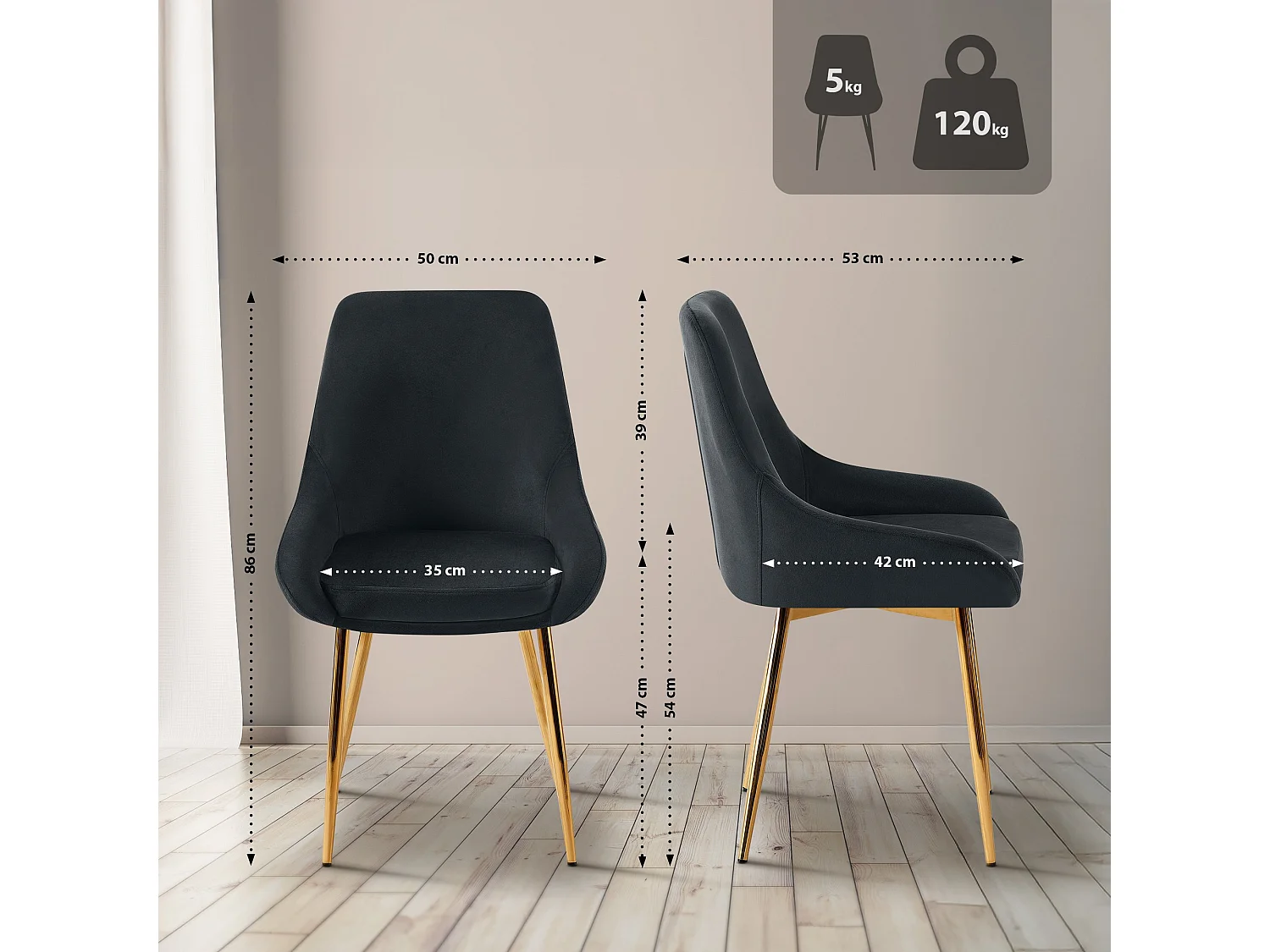 chaise salle à manger - Velours - Noir - Elmira