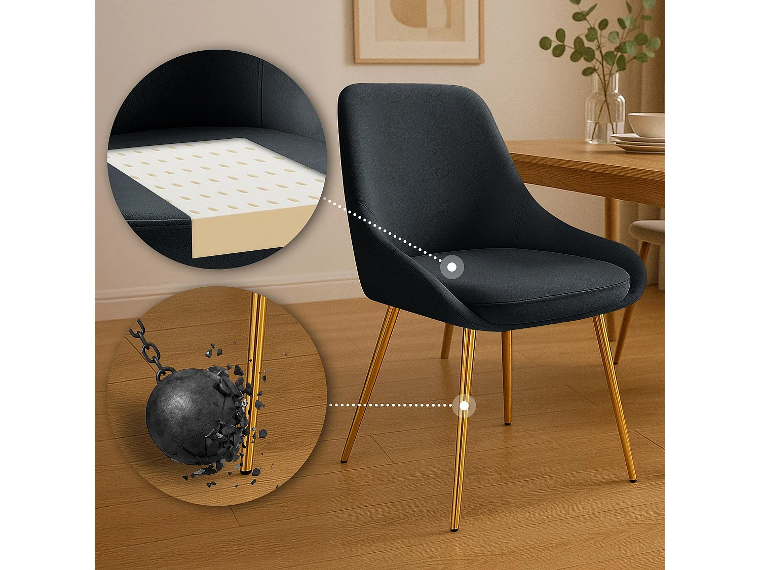 chaise salle à manger - Velours - Noir - Elmira