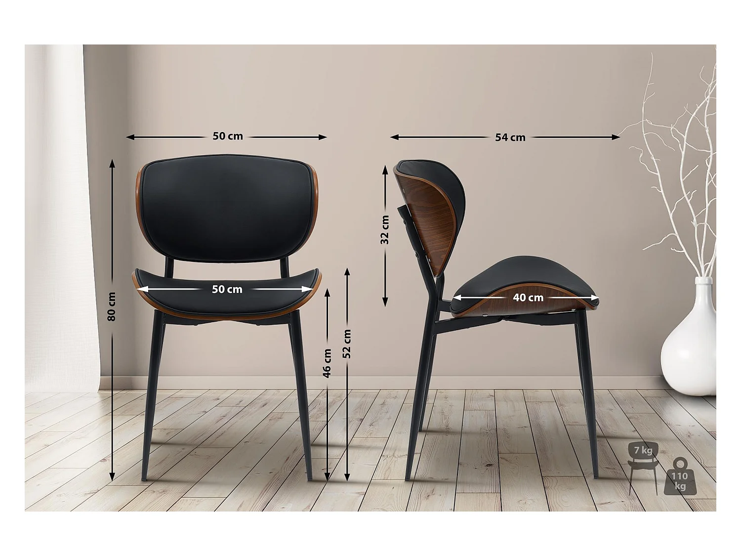 Lot de 2  chaise salle à manger - Similicuir - Noyer / Noir - Enid