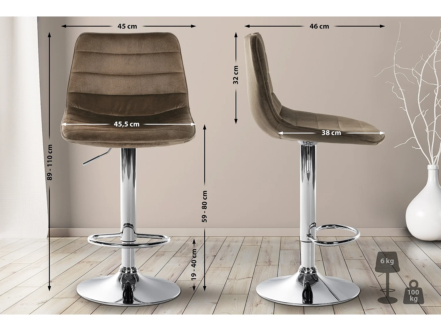 Lot de 2  Tabouret de bar - Velours & Chrome - Marron - Lex