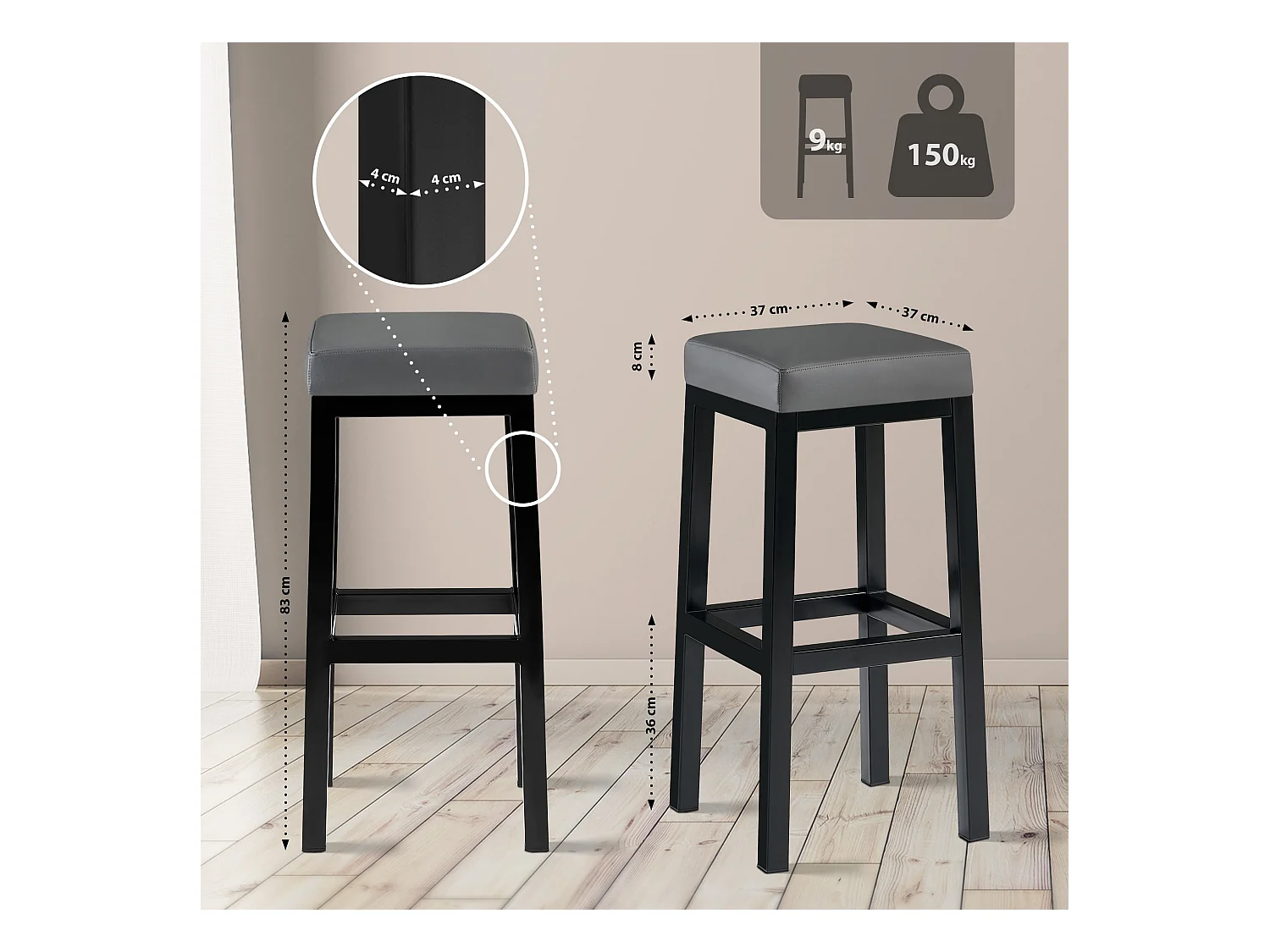 Tabouret de bar - Similicuir - Gris - Taylor B85