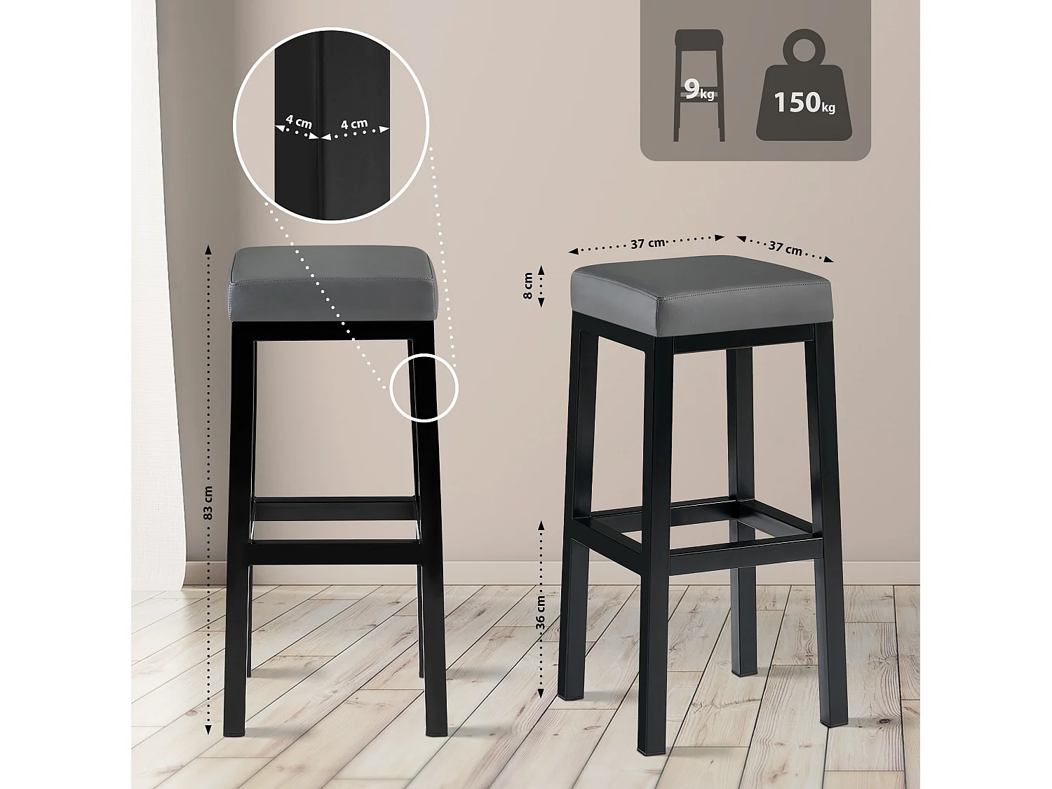 Tabouret de bar - Similicuir - Gris - Taylor B85