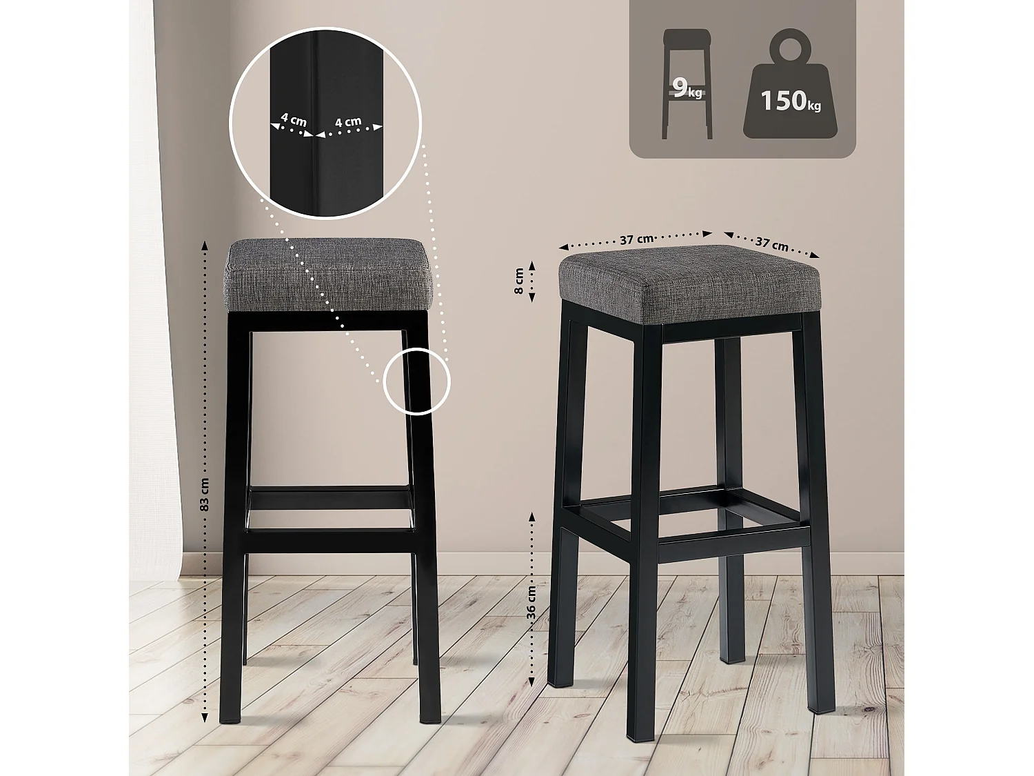 Tabouret de bar - Tissu - Gris - Taylor B85