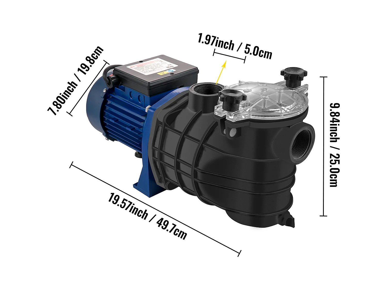 Pompe Piscine Filtration SucceBuy 15000 L/h Pompe Circulation Eau Panier Filtre Amovible 1 HP 750W 3450 tr/min 50 ℃ 2 Tuyaux Montage