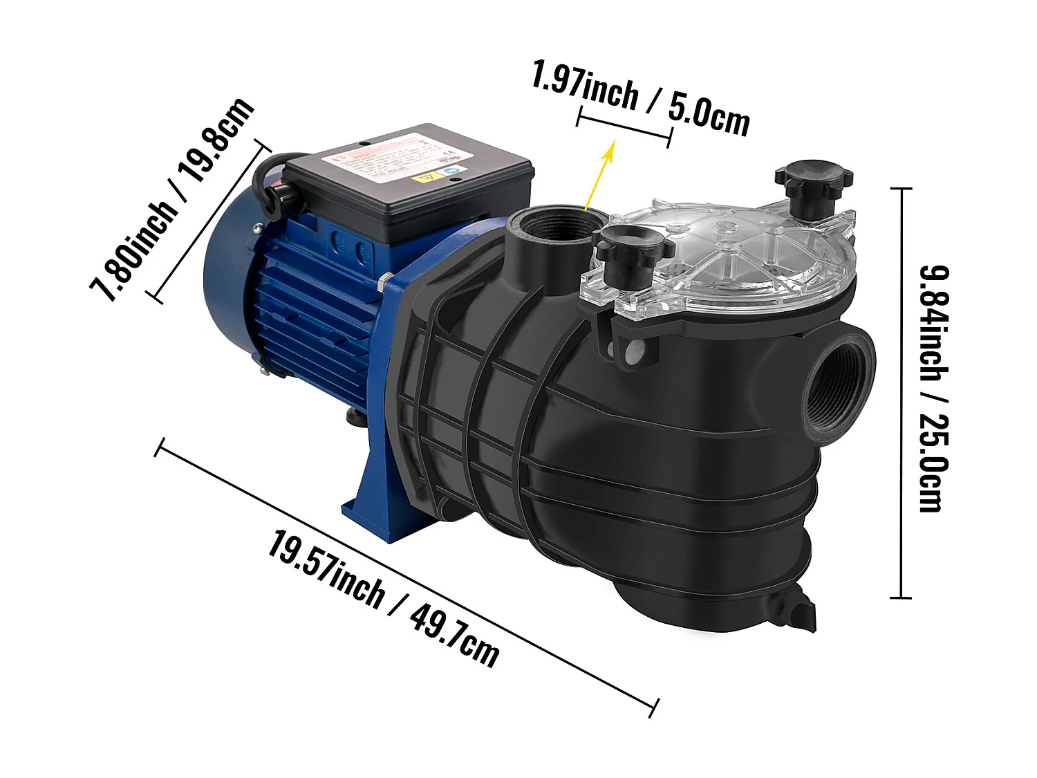 Pompe Piscine Filtration SucceBuy 15000 L/h Pompe Circulation Eau Panier Filtre Amovible 1 HP 750W 3450 tr/min 50 ℃ 2 Tuyaux Montage