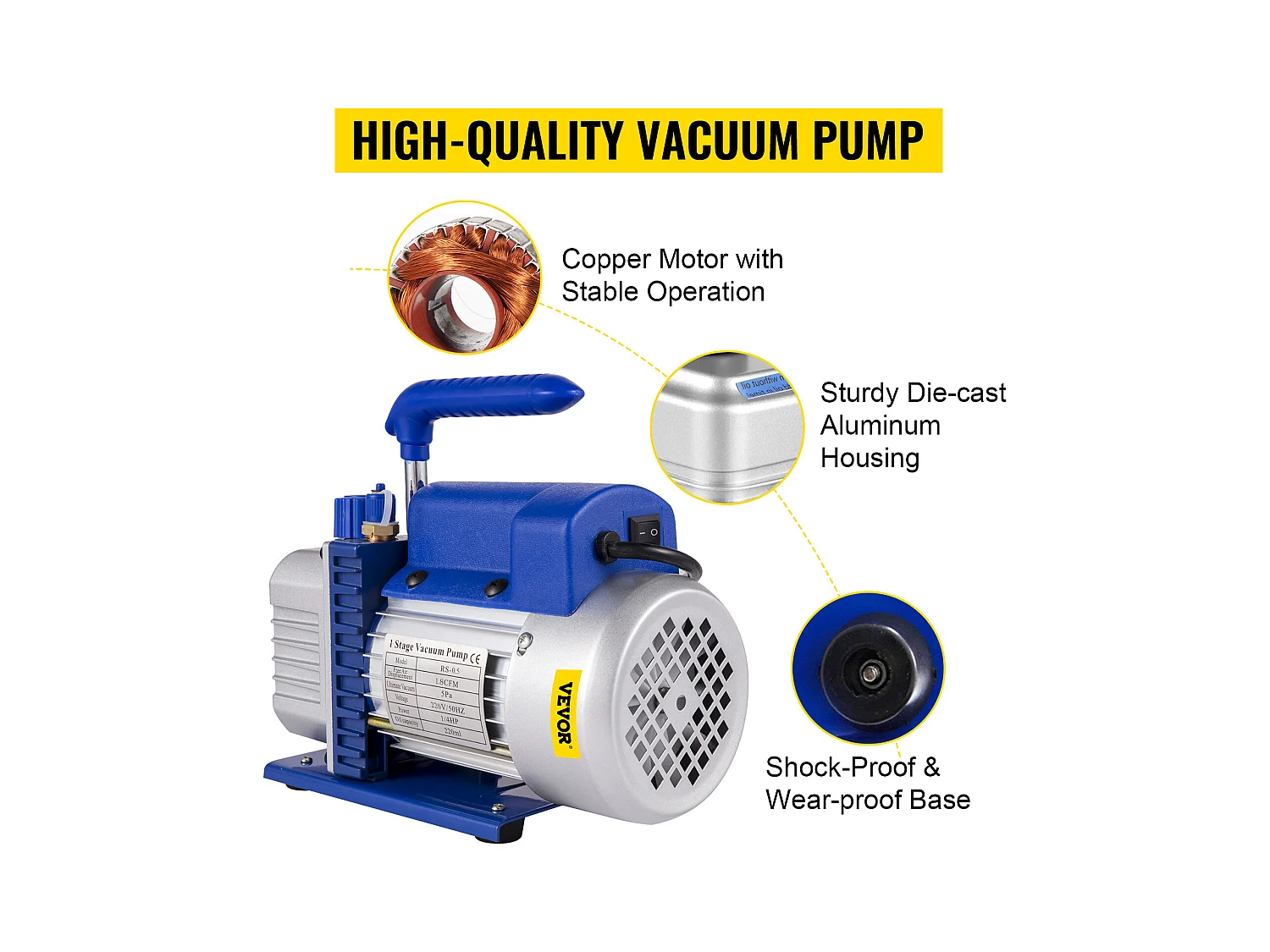 Pompa per Vuoto per Aria Condizionata SucceBuy da 1,8 CFM 1/4HP, Pompa per Vuoto per Refrigerazione HVAC Monostadio, 1440 Giri/Min, Antiriflusso Dell'olio