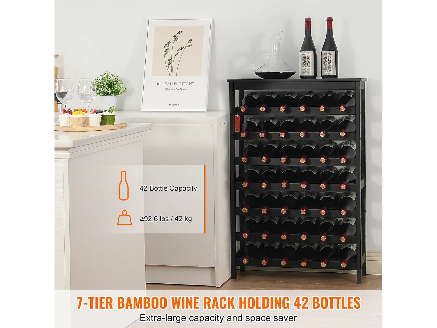 Weinregal, SucceBuy 42 Flaschen 7-stöckiges Modulares Bambus-Weinregal mit Tischregal