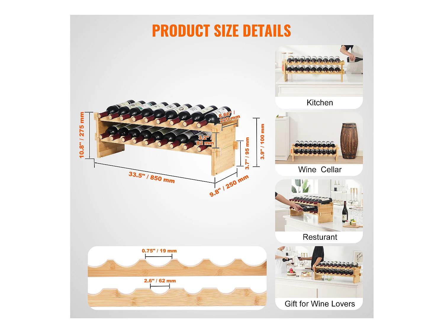 Casier à Vin, SucceBuy Casier à Vin Modulaire Empilable à 2 Niveaux pour 18 Bouteilles, Étagère en Bois de Bambou Naturel
