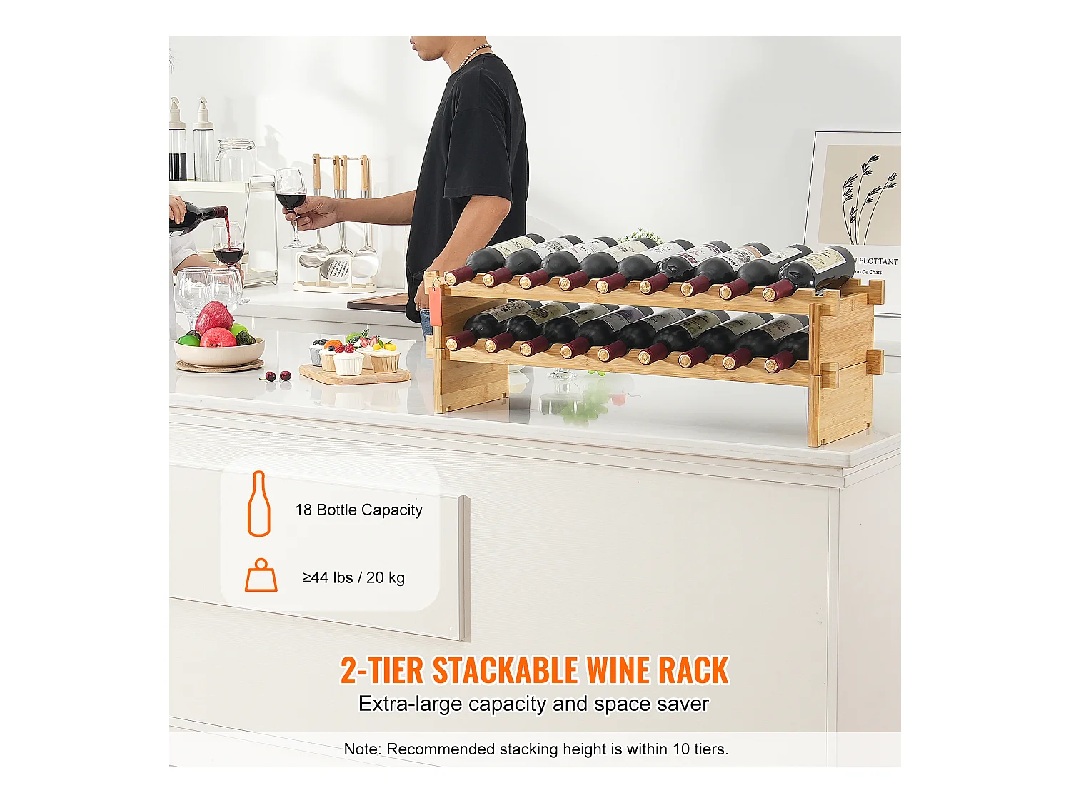 Casier à Vin, SucceBuy Casier à Vin Modulaire Empilable à 2 Niveaux pour 18 Bouteilles, Étagère en Bois de Bambou Naturel