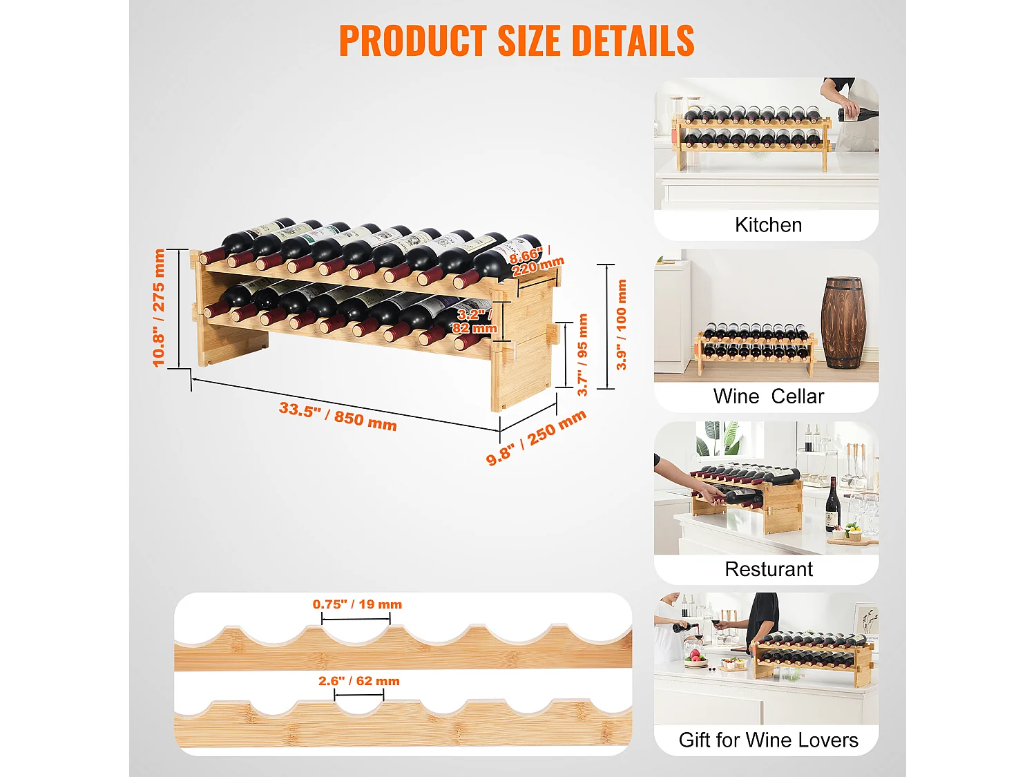 Casier à Vin, SucceBuy Casier à Vin Modulaire Empilable à 2 Niveaux pour 18 Bouteilles, Étagère en Bois de Bambou Naturel