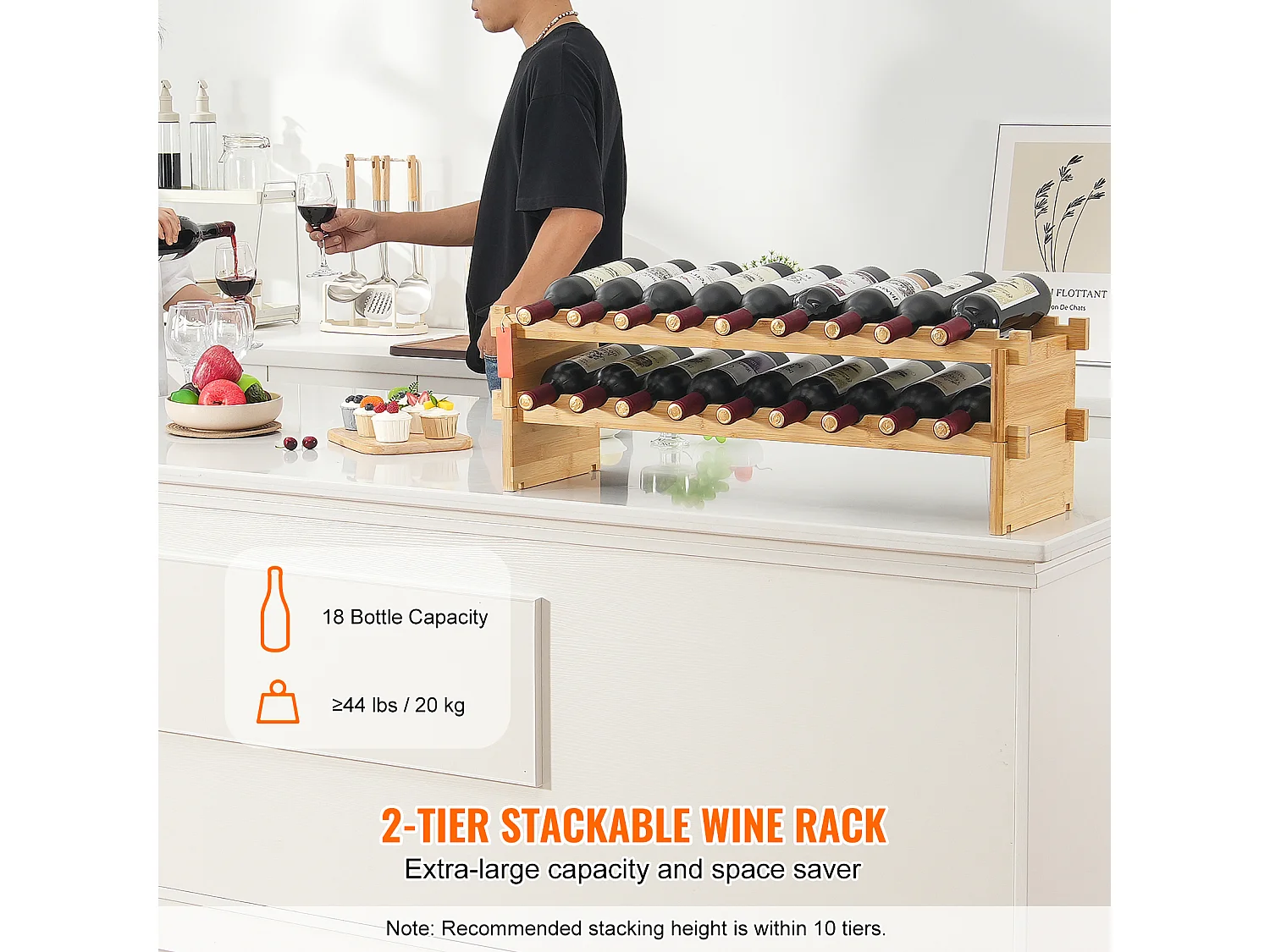 Casier à Vin, SucceBuy Casier à Vin Modulaire Empilable à 2 Niveaux pour 18 Bouteilles, Étagère en Bois de Bambou Naturel