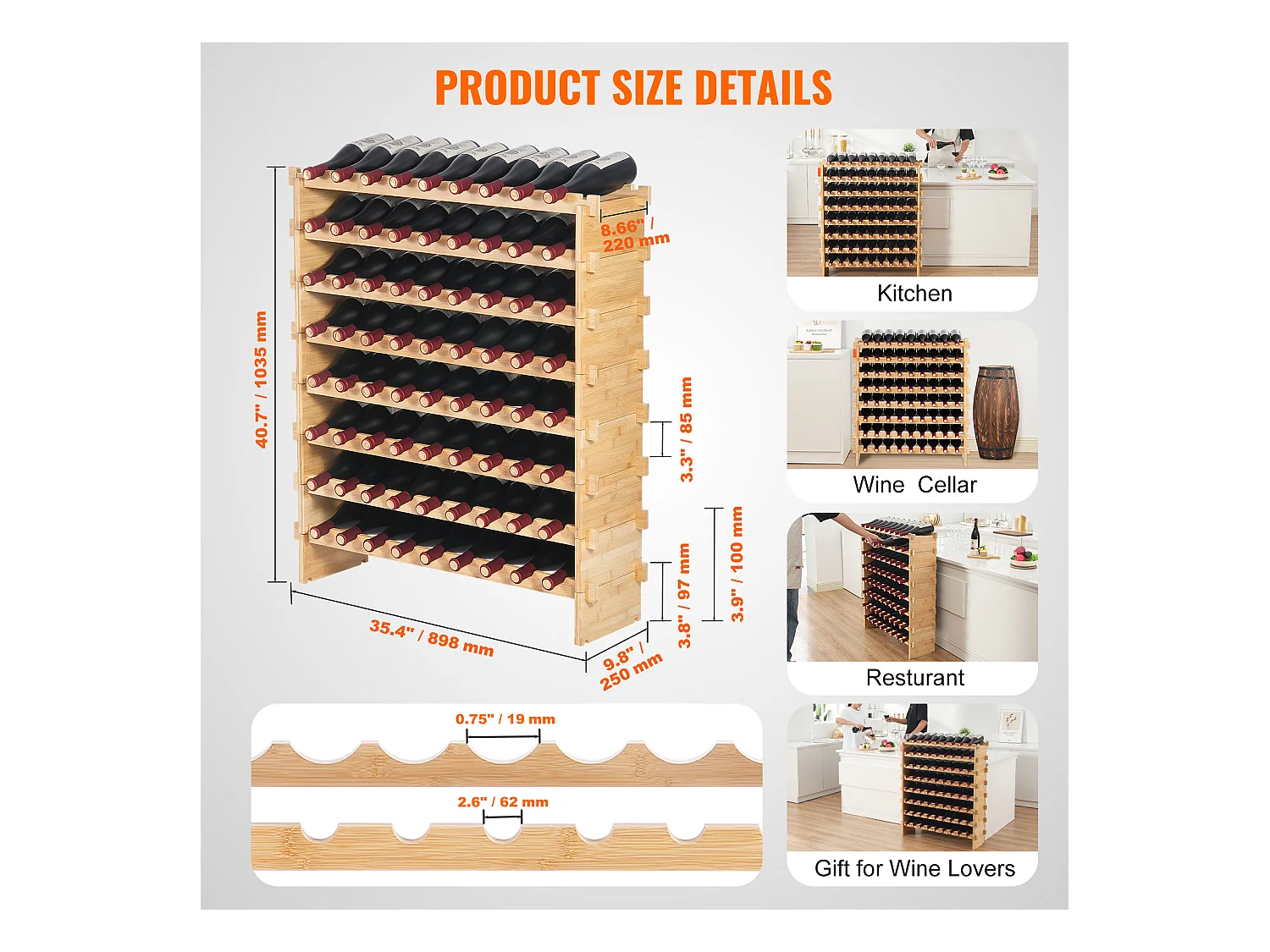 Stojak na Wino, SucceBuy 8-poziomowy Modułowy Stojak na Wino na 72 Butelki, Półka z Drewna Bambusowego
